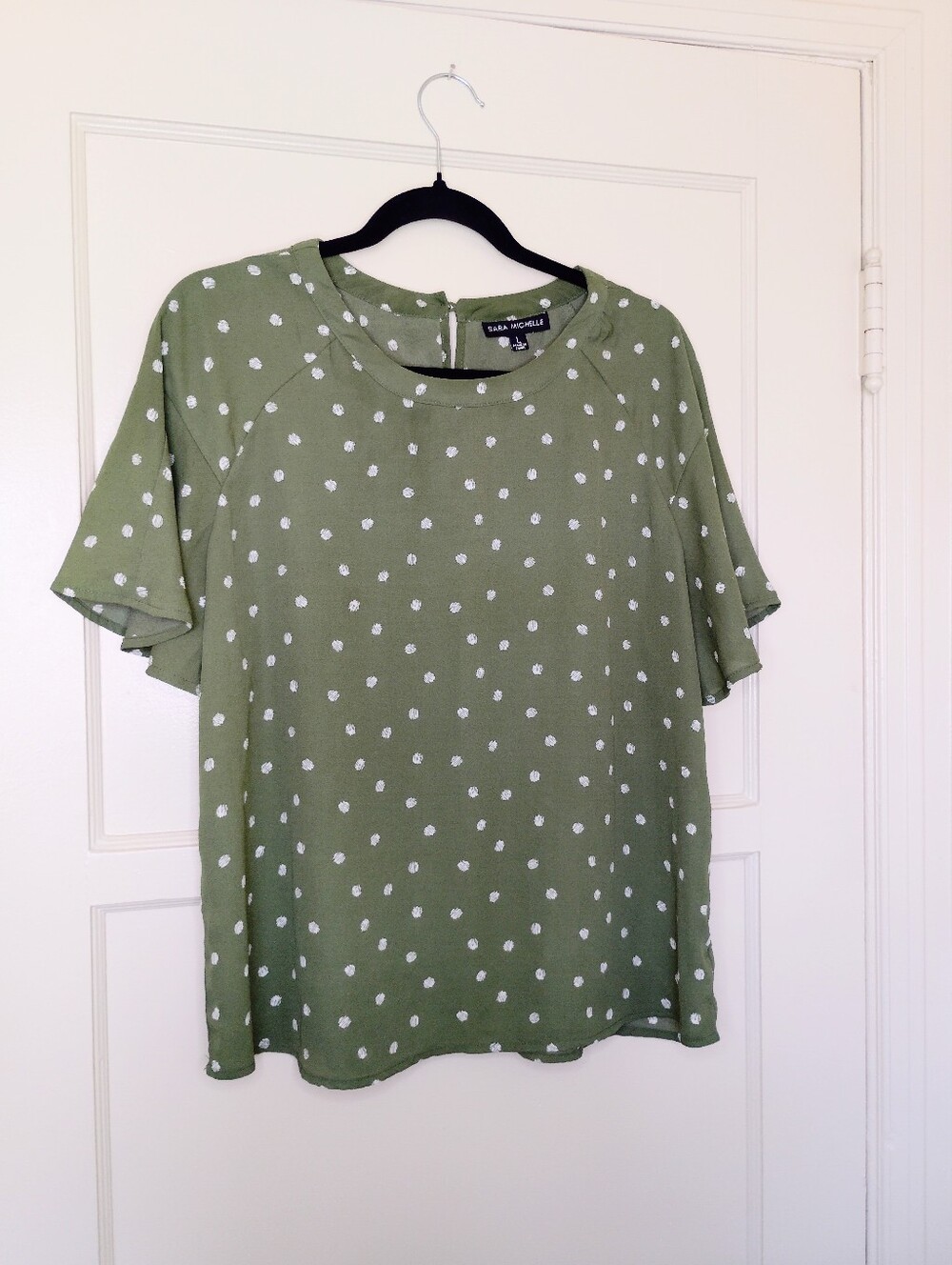 Sara Michelle Olive Green Polka Dot Flutter Sleeve Top Size L